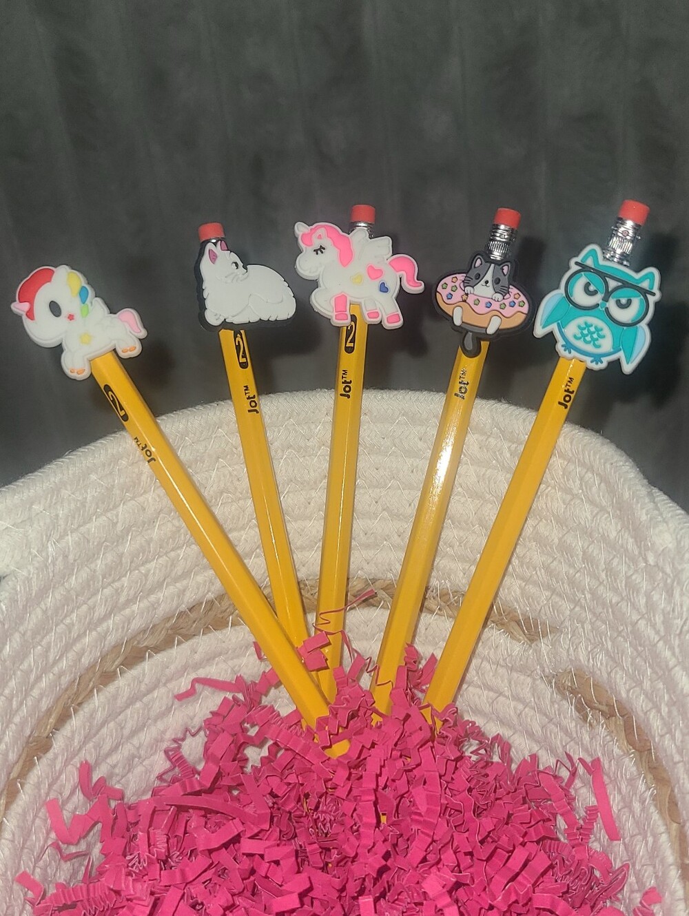 Yellow Pencil Set with Fun Animal Eraser Toppers - Unicorn, Owl & More